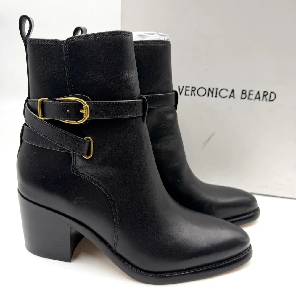Veronica Beard Sohelia Low Boots Black Leather Buckle‎ Ankle Block Heel Sz 7.5